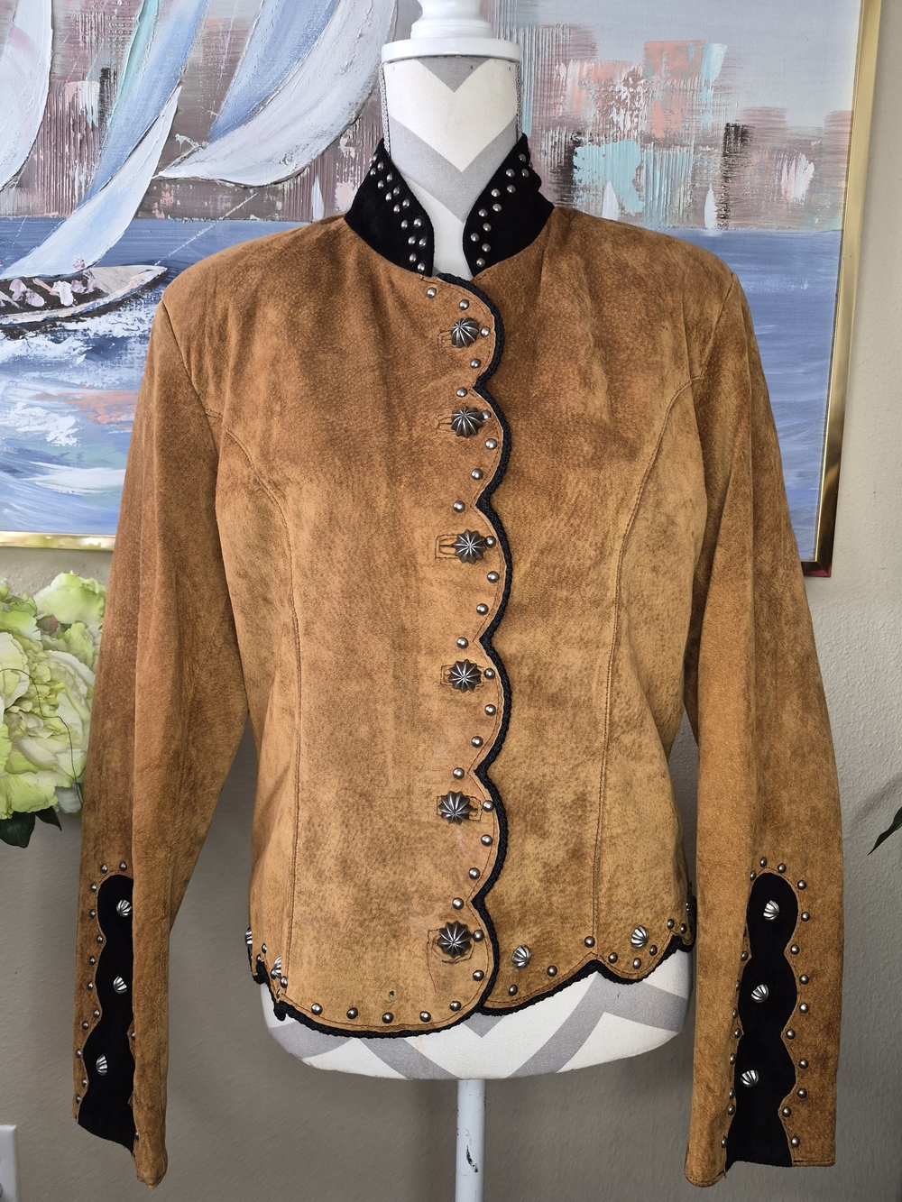 Vintage ARELLA Tan Suede Leather Jacket with Black Trim and Concho Studs